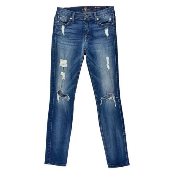 7 For All Mankind The Skinny Ankle Jeans Womens 27 Mid Rise Ripped Distress Pant - Picture 1 of 14